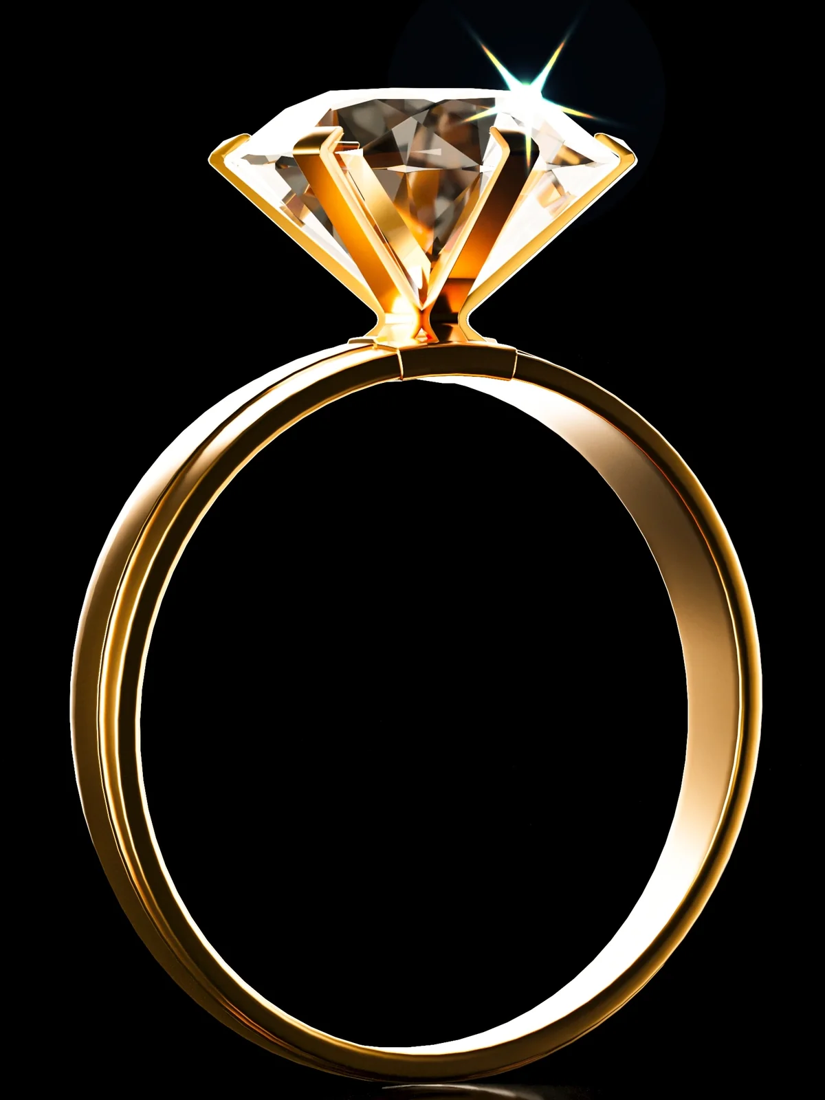 A diamond solitaire set in a yellow gold band, photographed on black